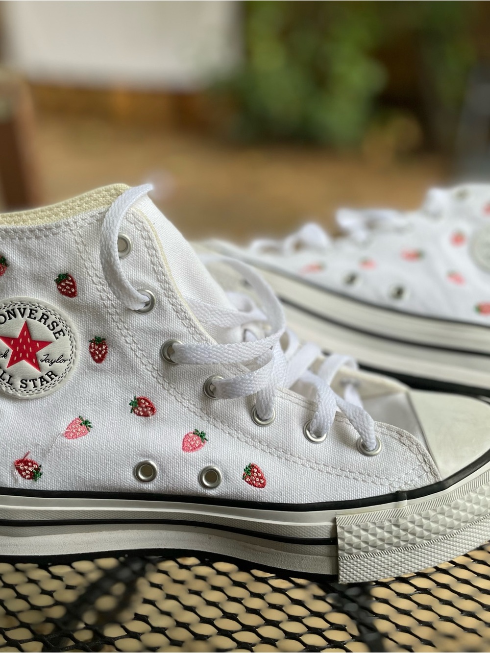 Converse White High Top Sneakers with Pink and Green Strawberry Print